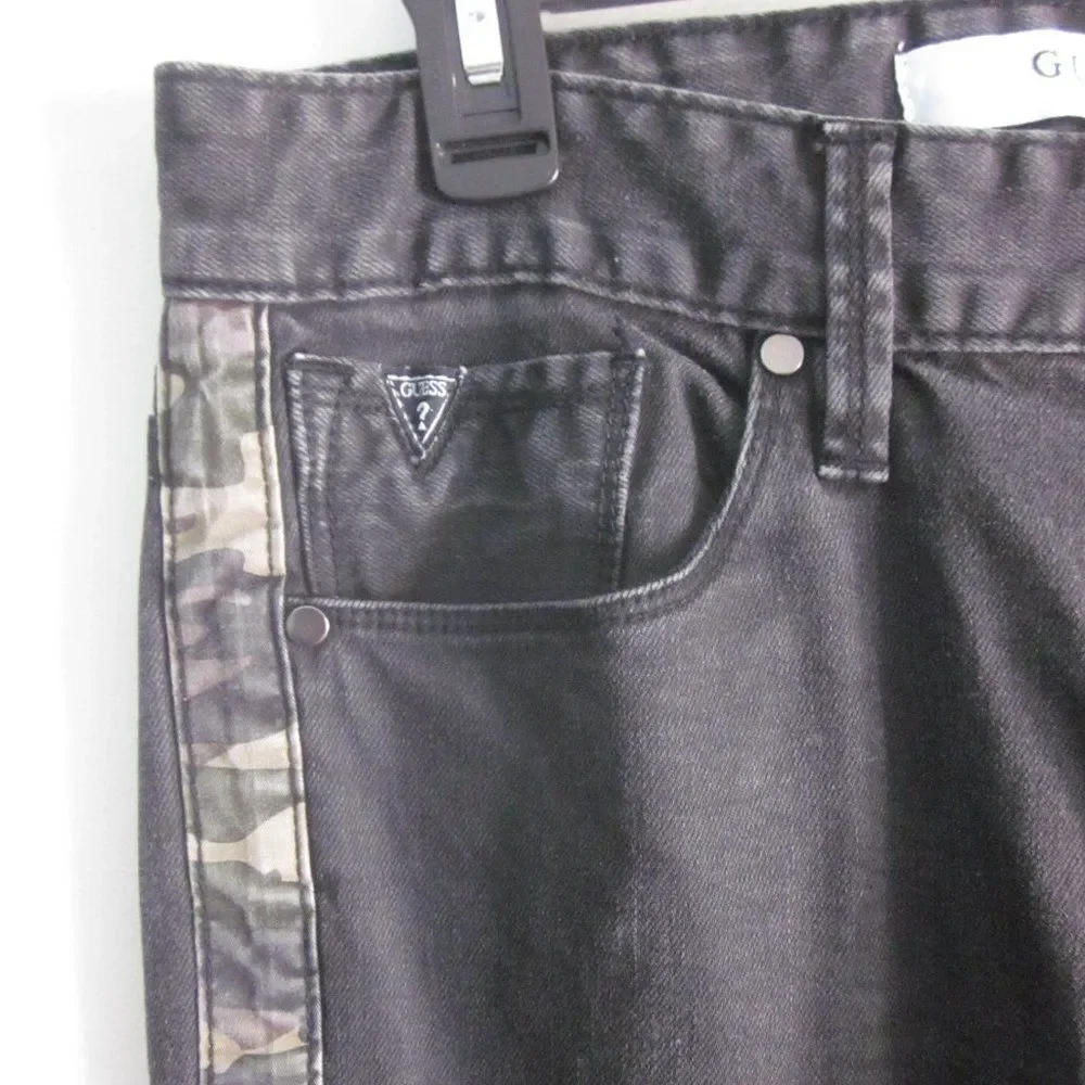 Guess Jeans Unisex Slim Black Denim Mens Size 32 Camo Stripe Detail 31
